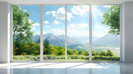 3 white windows with a clear sky and green landscape outside, a panoramic window with floor-to-ceiling glass, a blue sky with white clouds, bright sunshine, distant mountains, a natural scenery.