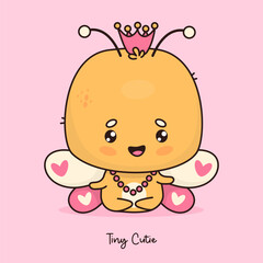 Cute butterfly girl princess in crown. Funny cartoon insect kawaii character. Vector illustration. Cool card Kids collection.