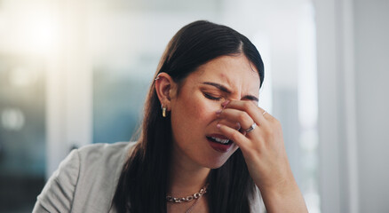 Business woman, headache and burnout in office by anxiety, fatigue and stress for company project....