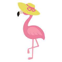 Funny and cute pink flamingo in beach hat flat vector cartoon illustration
