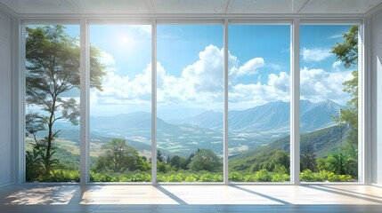 Fototapeta premium 3 white windows with a clear sky and green landscape outside, a panoramic window with floor-to-ceiling glass, a blue sky with white clouds, bright sunshine, distant mountains, a natural scenery.