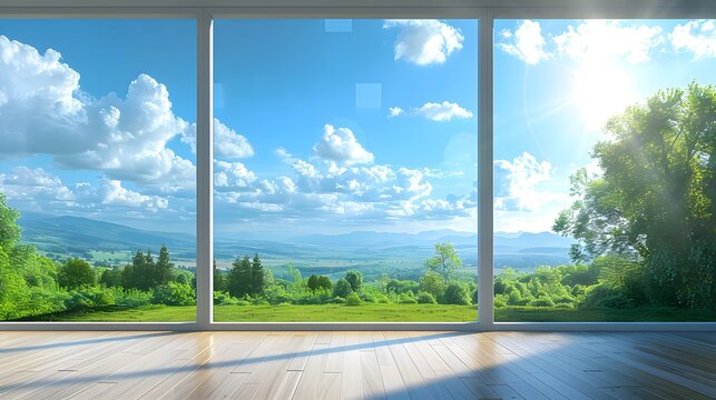 Fototapeta 3 white windows with a clear sky and green landscape outside, a panoramic window with floor-to-ceiling glass, a blue sky with white clouds, bright sunshine, distant mountains, a natural scenery.