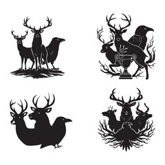 Deer's and crow silhouette vector art. white background.