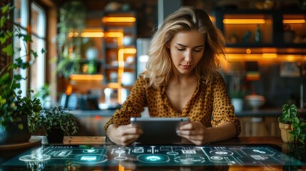 Young Woman Using Tablet in Modern Smart Home Kitchen with Futuristic Interface and Ambient Lighting