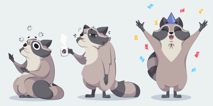 Cute Racoon Cartoon Character. Funny Vector Raccoon Illustration. Wild Mascot Pose With Confetti For Birthday Celebrating. Comic Sleepy And Tired Animal With Coffee. Adorable Emotion Expression Set