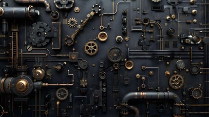 Fototapeta premium A black background with various mechanical parts such as gears, cogs and pipes. This creates an industrial-themed wallpaper that adds depth to any space.