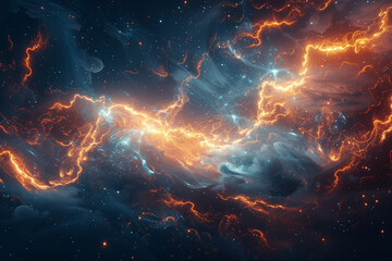 Fototapeta premium A beautifully composed scene of electric sparks intertwining with mystical elements, showcasing speed and magic, front view, futuristic tone, Tetradic color scheme