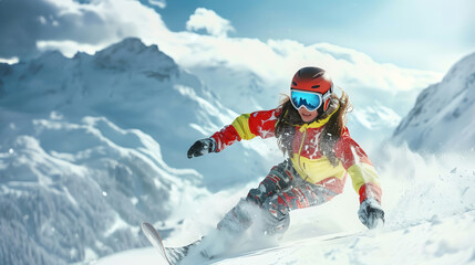 A female snowboarder speeds down a snowy mountain slope with a vibrant red jacket and blue goggles.
