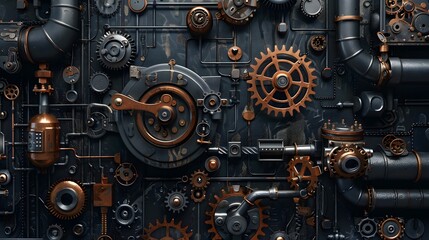 A black background with various mechanical parts such as gears, cogs and pipes. This creates an industrial-themed wallpaper that adds depth to any space.