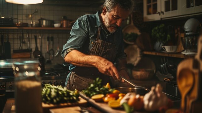 Man stirring food in pot - Powered by Adobe