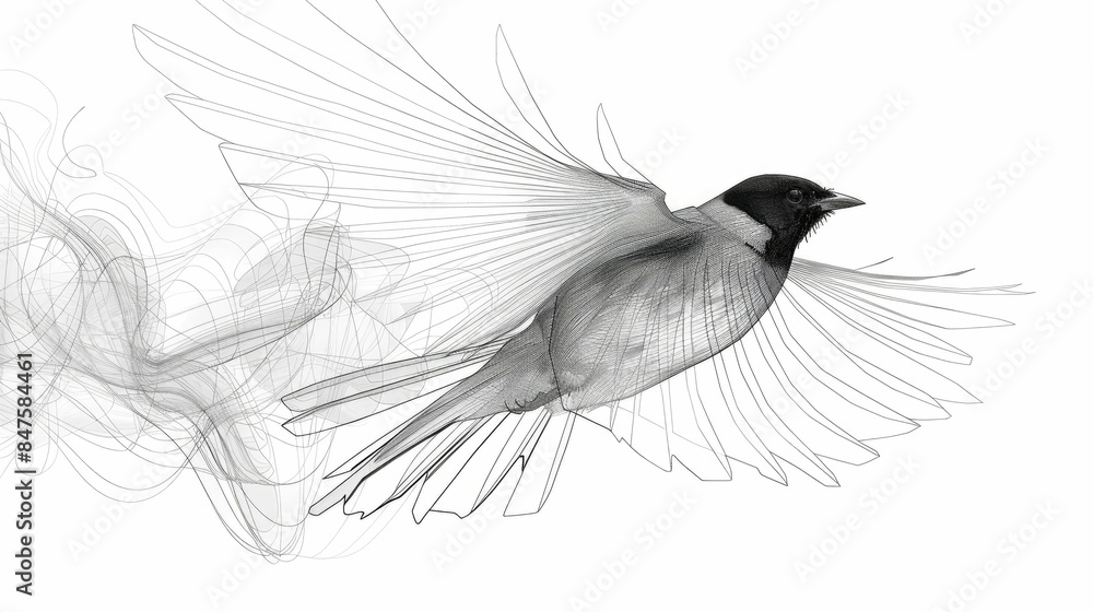 Poster minimalist line art depicting a bird in flight using clean lines and a simple black and white color 