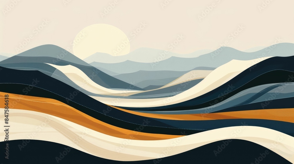 Poster captivating minimalist abstract landscape painting depicting a serene mountain range with smooth flo