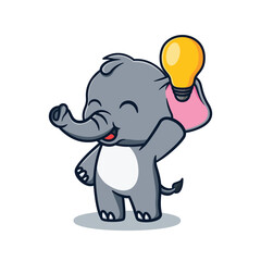 cartoon illustration design of a cute and kawaii elephant having an idea with a light bulb in hand