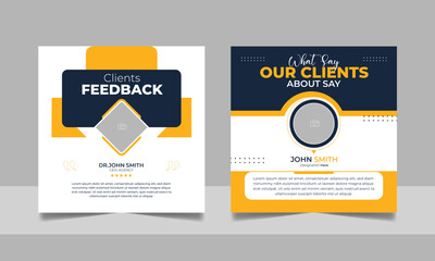 Customer feedback review design or client testimonial simple minimalist social media post. Business service rating poster square banner web template set. Photo placeholder frame vector.