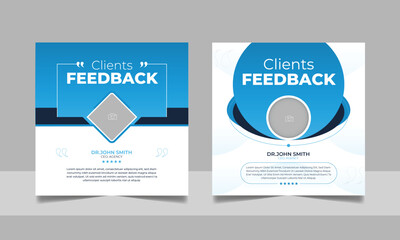 Customer feedback review design or client testimonial simple minimalist social media post. Business service rating poster square banner web template set. Photo placeholder frame vector.