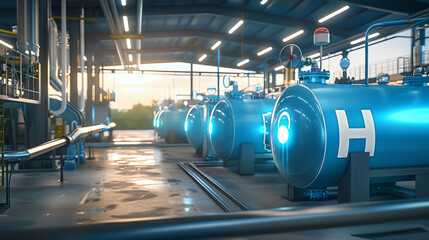 A row of large, blue hydrogen tanks in a industrial setting