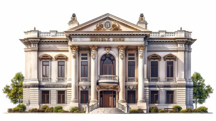 Fototapeta premium Bank building, 3D illustration, classical design, isolated on white background, vintage, detailed textures