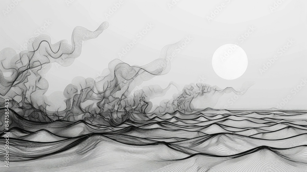Poster abstract minimal line art depicting waves crashing on the shore using flowing and dynamic lines to c