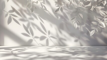 Obraz premium A closeup of the wall, a white background with soft shadows and delicate light, creating an elegant atmosphere. with a blurred focus on leaves casting long shadows across its surface.