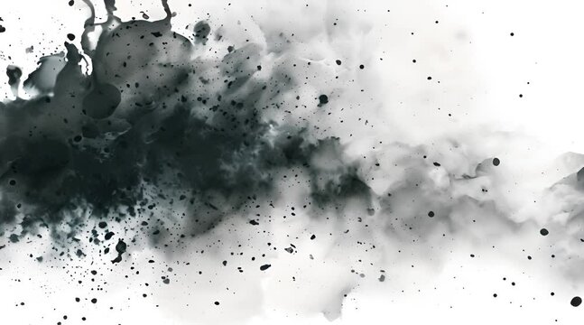 Abstract black watercolor splash background with ink dots and stains on white
