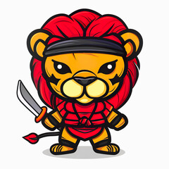 Obraz premium Cute Lion assassin cartoon on white background. Chibi Lion ninja cartoon