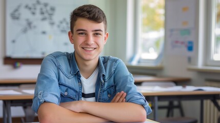 Fototapeta premium Smiling Eastern European High School Boy in Casual Denim Shirt Sitting in Classroom, Ideal for Educational and Back to School Designs