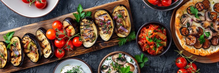 Appetizers Set with Baked Eggplants, Champignon Caps, Aubergine Rolls and Traditional Georgian Pkhali