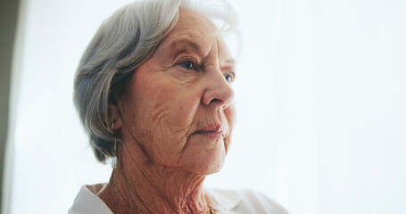 Senior woman, thinking and dream with alzheimers in retirement, pension or elderly home. Face of...