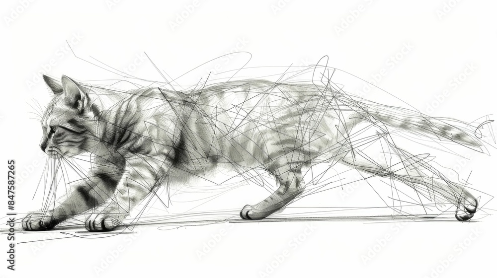 Poster captivating line art of a cat stretching featuring a stylized and minimalist design with clean flowi