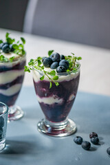 Tiramisu. Homemade dessert in glasses with blueberries, cream and ladyfingers garnish with blueberries and oregano. Light grey background. Soft focus.