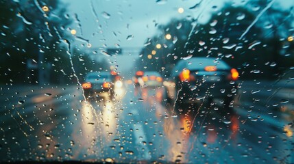 Windshield view in heavy rain, raindrops distorting vision, poor visibility creating a sense of urgency and challenge