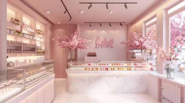 Stylish bakery interior, soft pastel pink color scheme, beautiful confectionery arrangements, cozy and inviting space
