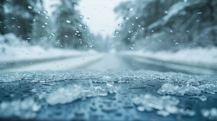 Windshield covered in heavy snow, poor visibility, extreme cold, focus on frosted glass and challenging winter conditions