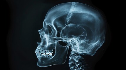 Xray image of the human skull, detailed cranial structure, dark background