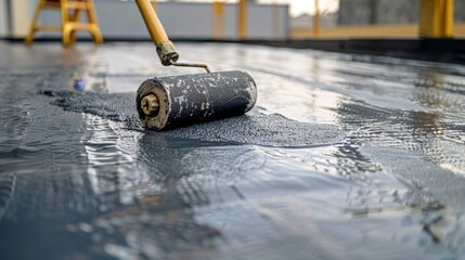 Waterproofing a gray deck with a paint roller, floor repair in progress, close-up on application, smooth and methodical