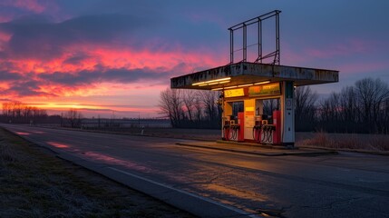 Sunset illuminating an abandoned gas station along a rural road, serene and melancholic atmosphere, rich colors in the sky