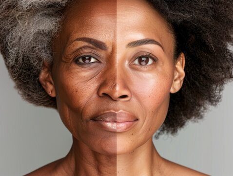 Woman's face split in half showing aging