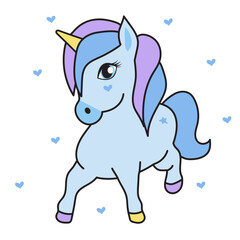 Cute unicorn in blue color on white background. Fabulous magical character.