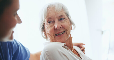 Senior, woman and smile with caregiver for support in nursing home for assistance, gratitude and...