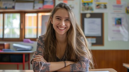 Smiling High School Student in Classroom: Polish Teen Sitting at Desk for Education, Youth, and Learning Concept