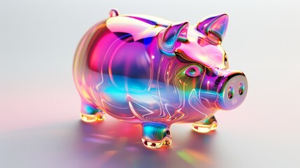 Piggy bank, 3D illustration, vibrant colors, isolated on white background, futuristic, holographic details