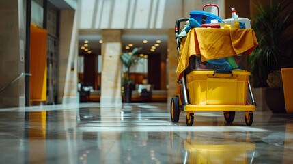 A hotel cleaning cart with supplies and equipment in an office building lobby, representing the high quality service that you can expect to clean your place after.