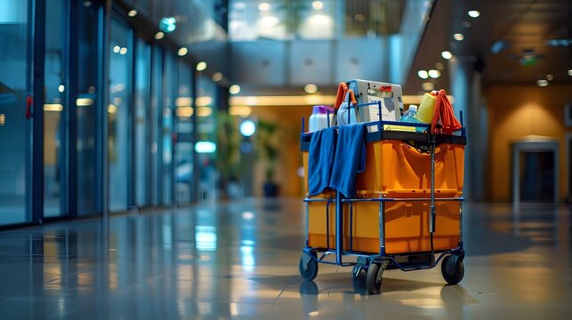 A hotel cleaning cart with supplies and equipment in an office building lobby, representing the high quality service that you can expect to clean your place after.