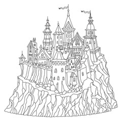 Fototapeta premium Fairy tale castle fortress. Hand drawn black and white architectural sketch for coloring book page