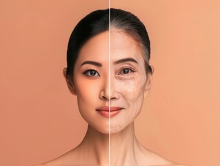 Woman's face divided, showing youth and aging