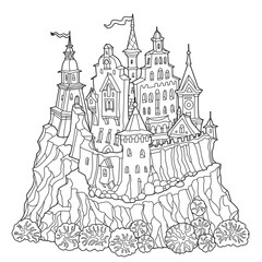 Obraz premium Fairy tale castle fortress. Hand drawn black and white architectural sketch for coloring book page