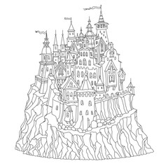 Naklejka premium Fairy tale castle fortress. Hand drawn black and white architectural sketch for coloring book page