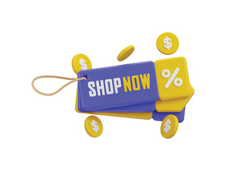 Shop now tag with discount percentage icon 3d render concept of discount offer tag 3d icon