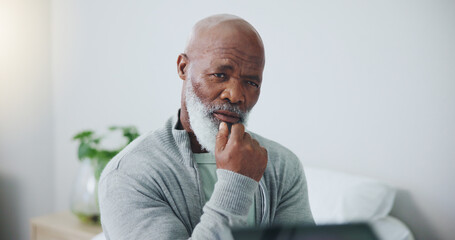 Senior, man and thinking of memory in retirement with remember, nostalgia or alzheimer in nursing...