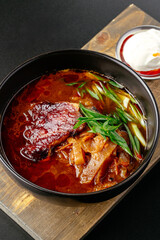 Hungarian national soup in a bowl. restaurant menu